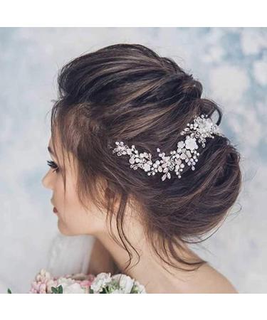 Ushiny Wedding Flower Hair Vines Silver Crystal Headband Pearl Headpieces Rhinestone Bridal Hair Accessories for Women and Girls