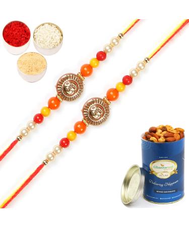 Ghasitaram Gifts Rakhis Online for Brother- Set of 2-6042 Rakhi Thread with 100 GMS of Dryfruits Mix Can 2 Rakhi with 100 gms of Dryfruits Mix Can