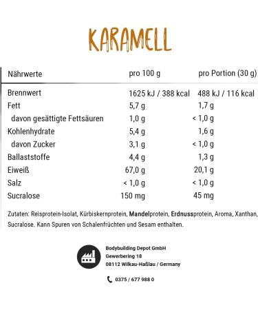Buy Bodybuilding Depot Vegan Protein Powder 1kg - Environmentally Friendly 100% Plant-Based Excellent Solubility Natural Caramel Flavor - Buy Online on GoSupps.com