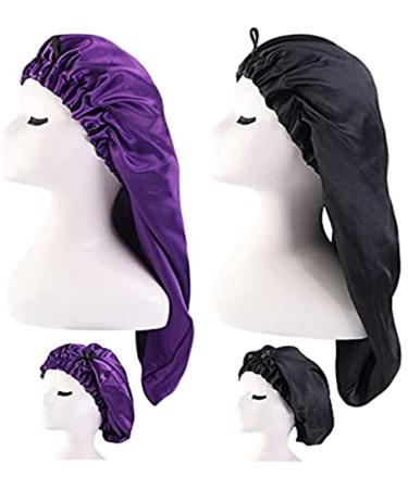 Women 2 Pack Long Satin Hair Bonnet Girls Silky Cap for Sleeping Large Satin Sleep Cap for Long Curly Hair Protection Black+purple