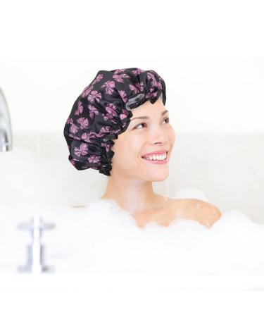 Arqumi 2 Pack Waterproof Satin Shower Cap Set - Pink+Black | Polyester Pattern Bath Cap with Elastic Band - Buy Online on GoSupps.com
