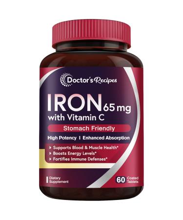 Doctors Recipes Iron 65 mg Carbonyl Iron with Vitamin C, Maximized Absorption Easy on The Stomach, Red Cells Formation, Blood, Heart, Brain, Muscle & Immunity Health, Vegan Non-GMO 60 Tablets