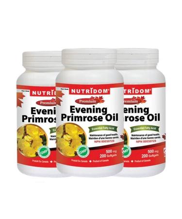 Nutridom Evening Primrose Oil Omega-6 & GLA 500mg 200Softgels (3 Bottles) 600 count (Pack of 1)