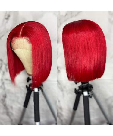 BESFOR 13x1 Lace Frontal Middle Part Wig Straight Bob Human Hair Wig for Black Women 150% Brazilian T Part Lace Front Wig Red Color 10 10 Inch Red T Part