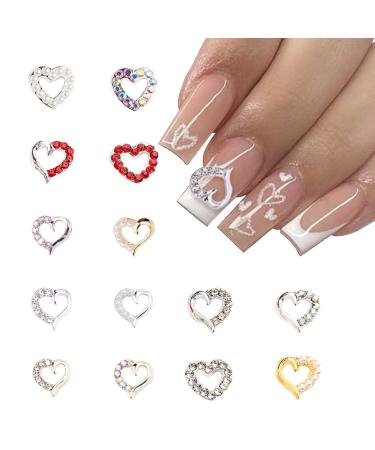 Heart Nail Art Charms 28PCS Gold Silver Heart Metal Nail Charms Luxurious Nail Supplies with Rhinestones Pearls Shiny Nail Accessories Jewelry for Women and Girls Nail DIY Design Nail Art Charms -2