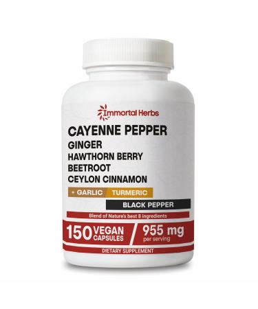 Immortal Herbs Cayenne Pepper Capsules w/Garlic Ginger Hawthorn Turmeric Cinnamon Beet Root and Black Pepper Extract 150 Cayenne Capsules Non-GMO & Gluten Free Capsaicin Supplement