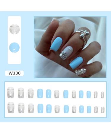24PCS French Square False Nails - Blue Solid Color Flash Acrylic Fake Nails for Women - Easy Press-On with Glue - Nail Art for Girls - Buy Online on GoSupps.com