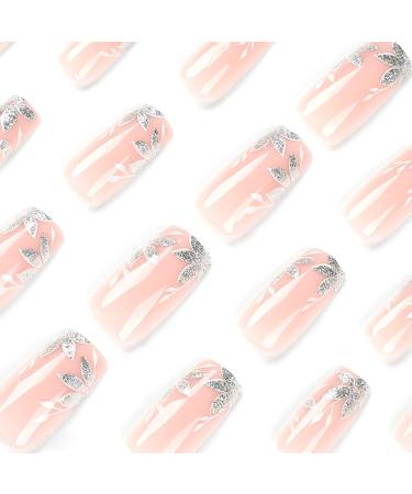 24pcs Medium Coffin False Nails Pink Glitter Silver with Flowers - Press on Nails for Women & Girls | Removable Glue-on Nail Art Kit - Buy Online on GoSupps.com