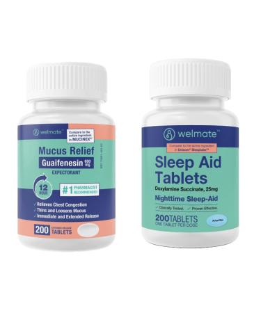 WELMATE Nighttime Wellness Bundle: Mucus Relief Guaifenesin 600mg Mucus Relief (200 Ct) & Doxylamine Succinate 25mg Sleep Aid (200 Ct) | Extended Relief for Restful Sleep