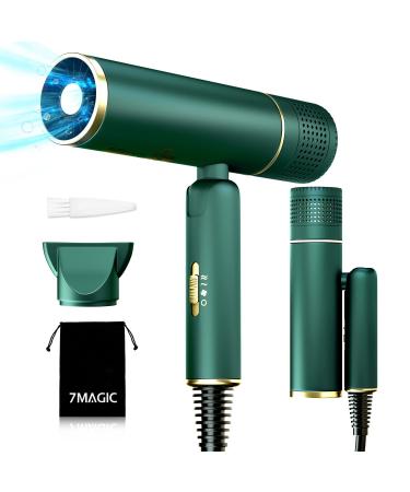 7MAGIC Fast-Drying Hair Dryer  Foldable Ionic Blow Dryer with Storage Bag for Travel  Lightweight Portable Hairdryer for Women & Men  Negative Hair Blow Dryer  2 Heating/Cold/2 Speed Settings  Green