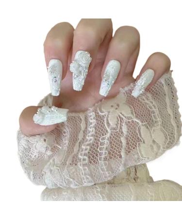 Temperament-enhancing manicure hand-wearing nail European and American pure marriage long white camellia detachable manicure wearing nail pearls.(M)