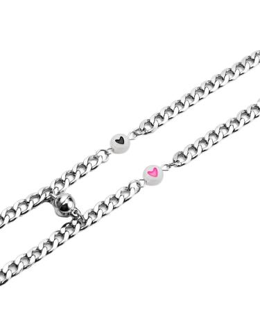 Oralgos 2 pieces/set of shining heart pearl bracelets for couples women men adjustable chain bracelets matching bangle friendship gift black/pink