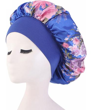 Royal Blue Satin Night Sleep Cap Women's Silk Hair Bonnet Hat | Wide Elastic Shower Caps for Home Bathroom | One Size - Buy Online on GoSupps.com
