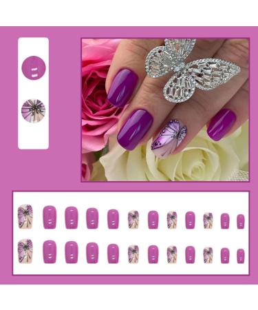 Justotry 24 Pcs Square Short False Nails with Purple Butterfly French Design - Nail Glue Included | Squoval Fake Nails for Women's Nail Art - Buy Online on GoSupps.com