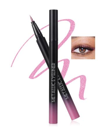 Metallic Glitter Waterproof Liquid Eyeliner Pink Sparkling Shimmer Eyeliner Pen High Pigmented Colored Eye Liner Long Lasting Silky Smooth Ultra-Fine Tip Smudge-proof Eye Makeup for Women-01 01 Pink