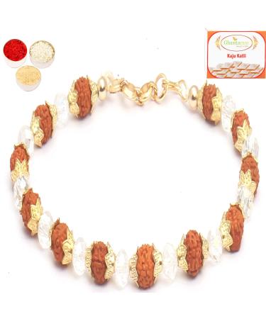 Ghasitaram Gifts Rakhi for Brother Rakhis Online - 5595 Rudraksh Pearl Bracelet Rakhi with 200 GMS of Kaju katli