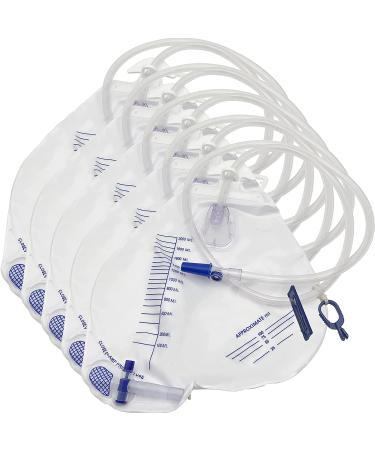 GlobalRoll Urinary Drainage Bag with Anti-Reflux Chamber Urine Bag with 2000 mL Volume 48" Drainage Tube Clips and Hanging Hook Professional Urinary Bag for Home and Hospitals Health Aids 5 Pack