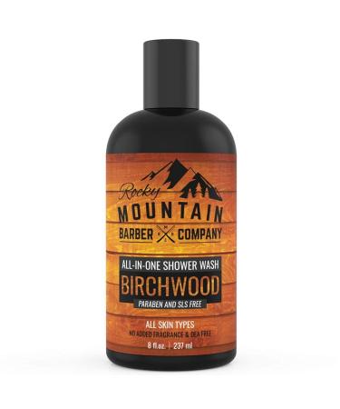 Rocky Mountain Barber Company Birchwood All-In-One Body Wash   Shampoo  Body Wash  Conditioner  Face Wash & Beard Wash with Essential Oils - 8 oz