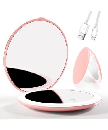 P TOPPSTORE LED Lighted Compact Mirror,4 Inch 1X/5X Magnification Travel Makeup Mirror,Rechargeable Portable Compact Mirror with Light for Handbag, Purse, Pocket, Pink Pink_02