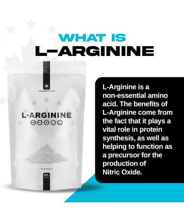 Canadian Protein L-Arginine Nitric Oxide Supplement Powder | 454g of Extra Strength for Energy Muscle Growth Heart Health Vascularity & Stamina 5g Per Serving Amino Acid Workout Shake - Buy Online on GoSupps.com