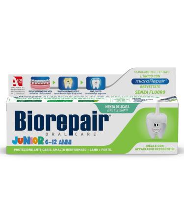 Biorepair: Oral Care Junior 7-14 Years Toothpaste  Fluoride Free  with Mint Extract - 2.53 Fluid Ounces (75ml) Tube   Italian Import