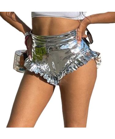 Silver Shorts for Women Metallic - Sexy Shiny Ruffle Booty Shorts Elastic Waist Rave Slim Sparkly Club Mini Hot Pants Silver Small