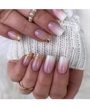 6 Packs (144Pcs) Medium Length French Design Press on Nails Set with 5D Flower Nail Art Sticker - White Purple Gold Blue Pink Gradient Flash Fake Square Glue on Nails - Buy Online on GoSupps.com