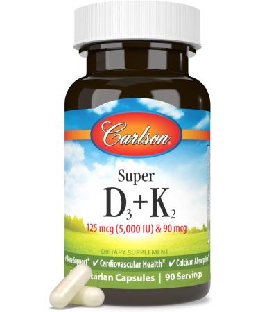 Carlson - Super D3 + K2 125 mcg (5000 IU) Vitamin D3 90 mcg Vitamin K2 as MK-7 Bone Support Calcium Absorption 90 Vegetarian Capsules 90 Count (Pack of 1) - Buy Online on GoSupps.com