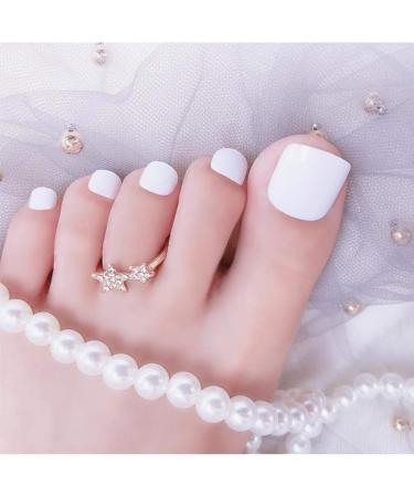 Sethexy Solid Color Glossy False Toe Nails Bright Fashion Square Short Full Cover 24PCS Fake ToeNails for Women and Girls(White)