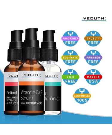 Retinol Face Serum with Vitamin C, Hyaluronic Acid - Anti-Aging & Hydrating Women's Face Serum - YEOUTH 3x1 fl - Buy Online on GoSupps.com