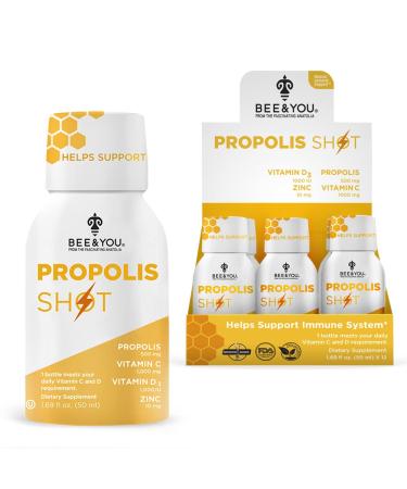 BEE and You Immune Support 100% Natural Propolis Shot Supplement Antioxidants Vitamin C VIT D3 Zinc Orange Juice Raw Honey 1.69 fl. oz x 12 Bottles