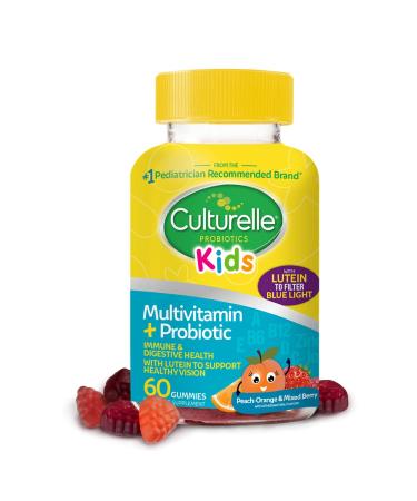 Culturelle Kids Multivitamin + Probiotic for Kids (Ages 2+) - 60 Count  Peach-Orange & Mixed Berry Flavor - Digestive Health & Immune Support Gummies with Lutein to Support Eye Health 60.0 Servings (Pack of 1)