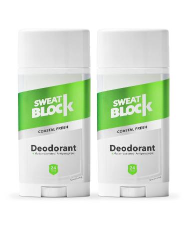 SweatBlock [AM] Deodorant Antiperspirant Solid for Men & Women - Daily Sweat & Odor Protection - Easy, Clean, Smooth Glide - Dermatologist Tested - Coastal Fresh Fragrance, 2.7oz Stick (Daily Strength (2 Pack))
