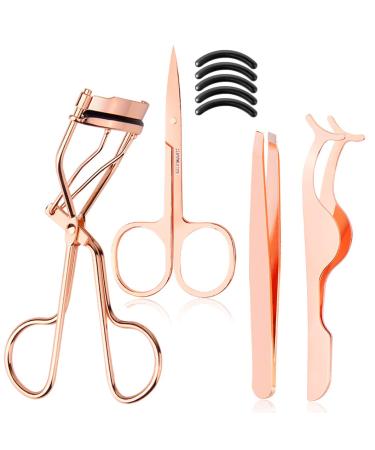 Arroyner 4Pcs Eyelashes Tool Fake Lash Applicator Eyelash Curlers Eyebrow Scissors for Eyelashes (Rose Golden)