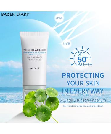 BAISEN DIARY Centella Sunscreen SPF 50 PA++++ Hyalu Cica Water-Fit Sun Serum Lightweight Sunscreen with Centella Asiatica Hydrating & Non-Greasy Sun Protection for Sensitive Skin - Buy Online on GoSupps.com
