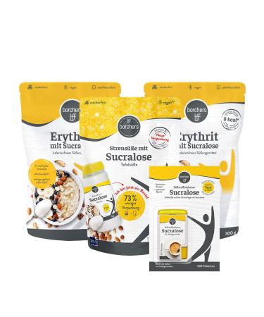 Borchers sucralose trial package 2 x sucralosse crystalline strree feet 300 g 1 x sucralose strree sweeten 75 g 1 x sucralose sweetener tablets donor 300 tablet