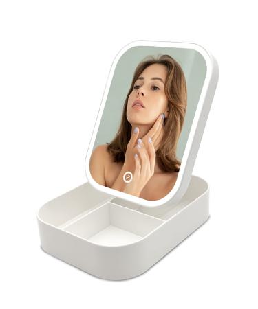 BEWEBEME Lighted Makeup Storage with Mirror  Folding Touch Screen Adjustable Makeup Mirror with Storage Box