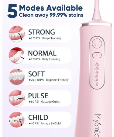 MySmile Water Dental Flosser - Cordless Oral Irrigator with 5 Cleaning Modes | IPX7 Waterproof, USB Rechargeable | 4 Replaceable Jet Tips | Teeth Cleaning Tool with PU Bag [Pink] - Buy Online on GoSupps.com