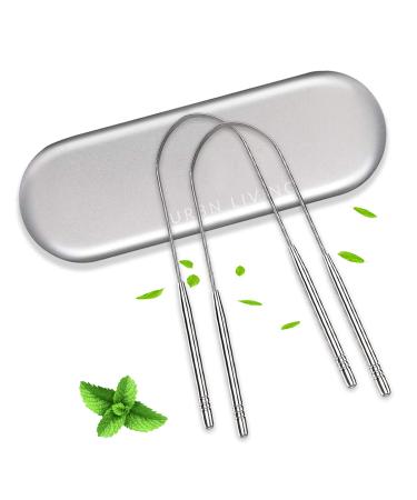 URBN LIVING U-Shaped Tongue Scraper Cleaner with Metal Travel Case- 2 pack Premium Grade Ergonomic Great for Healthy Oral Fights Bad Breath and Mouth Odor Silver Stainless Steel
