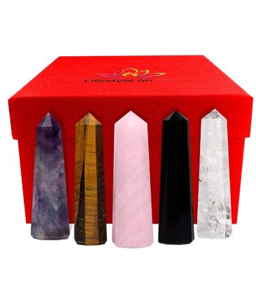 Large Healing Crystal Wand Set of 5 – 3” Standing Crystal Towers and Healing Stone Points For Crystal Decor - Large Crystals for Spiritual Use – Rose & Clear Quartz, Tigers Eye, Amethyst, Black Obsidian