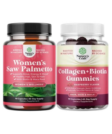 Bundle of Extra Strength Saw Palmetto for Women 500mg - Hair Vitamins with Maca Root and Hair Skin and Nails Gummies - Extra Strength Biotin and Marine Collagen Biotin 10000mcg per serving