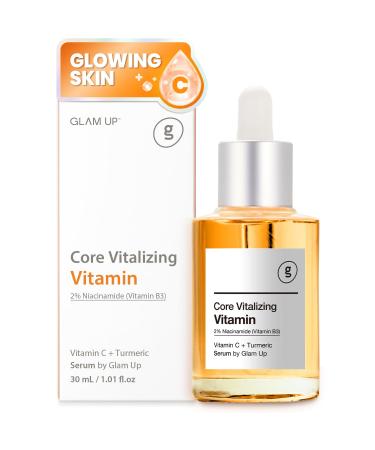 GLAM UP Core Vitalizing Vitamin-C Niacinamide 5% Serum - Hyaluronic Acid Vitamin-C-B3 for Facial Brightening Clearing Serum Anti Aging and Improve Skin Tone Vegan & Cruelty Free 30ml (1.12 Fl Oz)