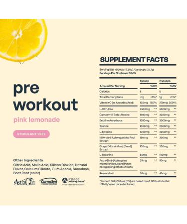 BE AMAZING Caffeine Free Pre Workout Powder, Vegan Supplement with Ashwagandha & Adaptogens for Night Workouts, Sugar Free Drink Mix for Men & Women, Gluten Free, Pink Lemonade, 30 Servings Pink Lemonade Non STIM - Buy Online on GoSupps.com