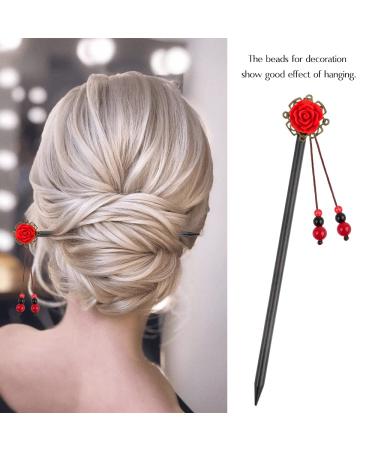 Vintage Chinese and Japanese Hair Sticks for Women - Geisha Hair Pins with Red Flower Design and Retro Wooden Rose-Wood Finish - Buy Online on GoSupps.com