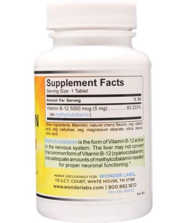 Wonder Labs Methylcobalamin Vitamin B-12 Sublingual 5000mcg - 120 Tablets, 3rd Party Tested for Purity and Potency - Buy Online on GoSupps.com