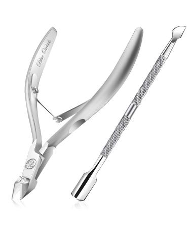 Cuticle Nipper with Cuticle Pusher-Professional Grade Stainless Steel Cuticle Remover & Cutter-Durable Manicure and Pedicure Tool-Beauty Tool Perfect for Fingernails and Toenails (Silver) Half Jaw