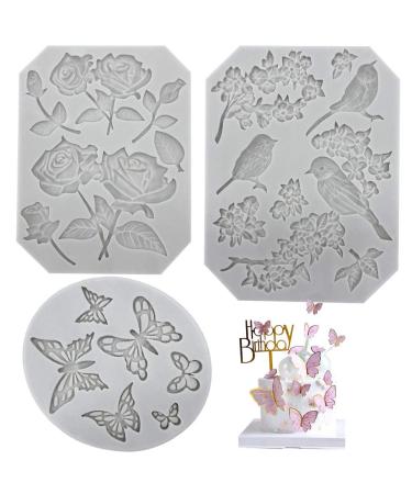 3 Pack Butterfly Rose Flower Stems Birds Blossoms Silicone Fondant Mold for Making Chocolate Fondant Jelly Polymer Clay Soap Crafting DIY Projects and Cake Decoration