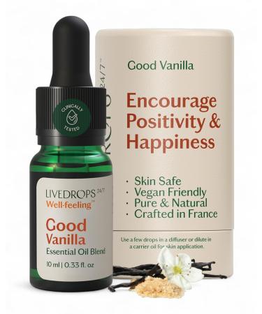 LIVEDROPS 24/7 Good Vanilla Essential Oil Blend Natural Vegan Aromatherapy for Diffuser or Diluted Skin Use Sweet Warm Creamy Scent Made in France Bottled in USA Clinically Tested 10ml