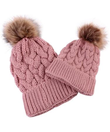 2PCS Family Matching Winter Knit Hats - Mother & Baby Ski Cap Set in Pink - Buy Online on GoSupps.com