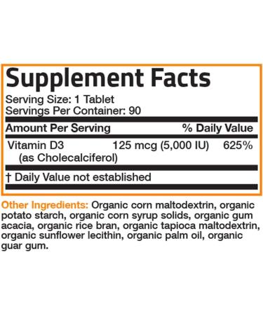 Bronson Organic Vitamin D3 5000 IU Supplement - Non-GMO, USDA Certified - 90 Tablets - Buy Online on GoSupps.com